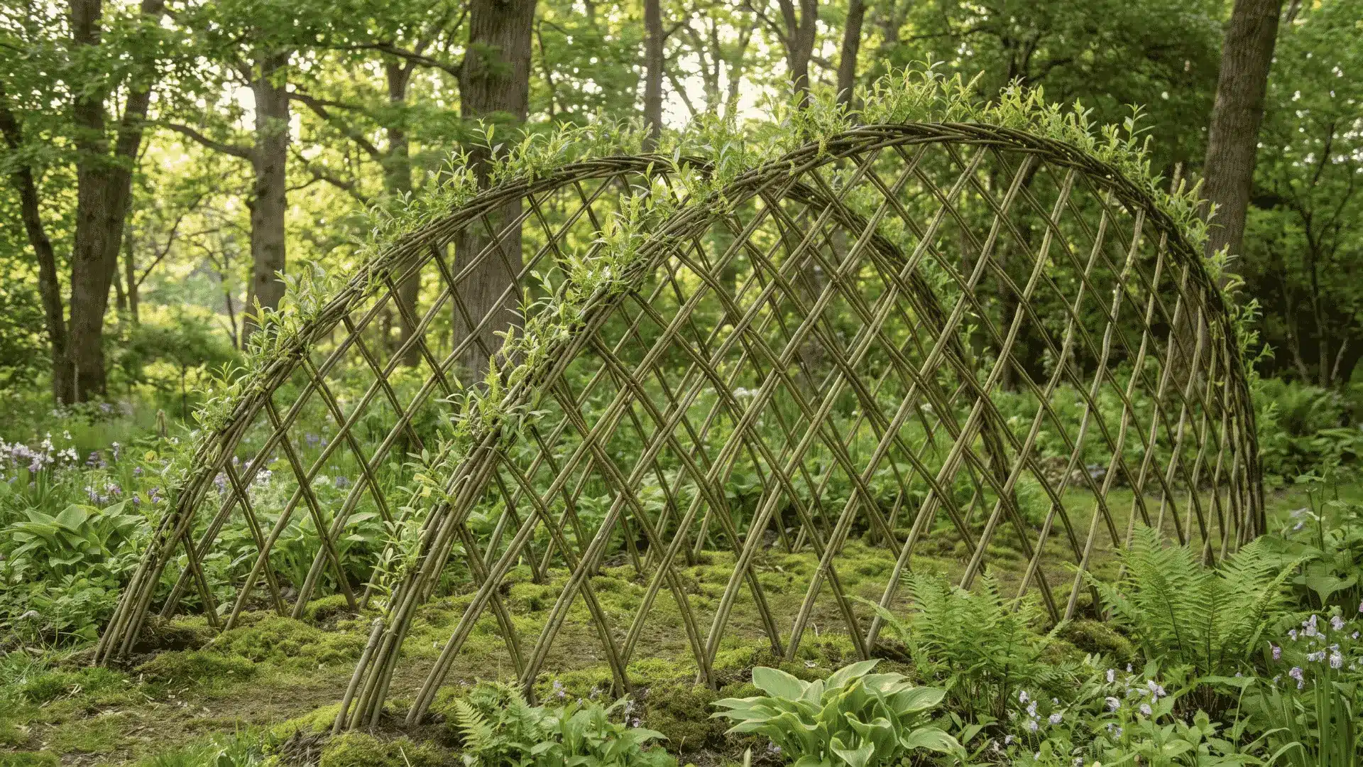 Living willow rods woven into a curved diamond-patterned trellis with fresh green shoots.