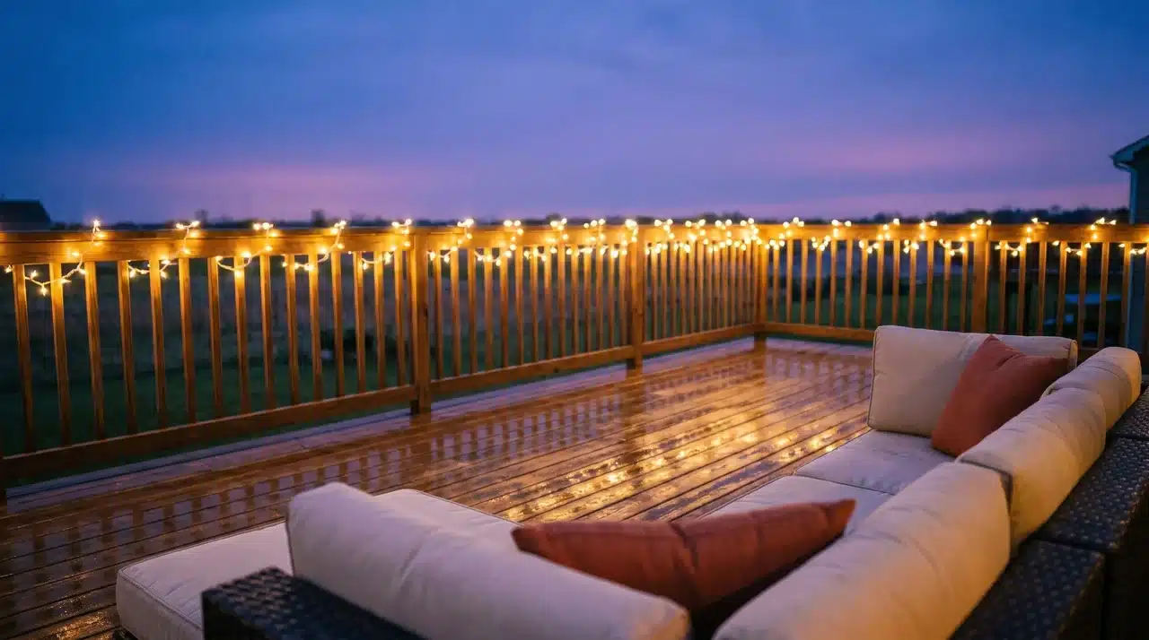  Wooden deck at dusk with warm white string lights looped along the railing and cream terracotta cushion sofa in foreground.