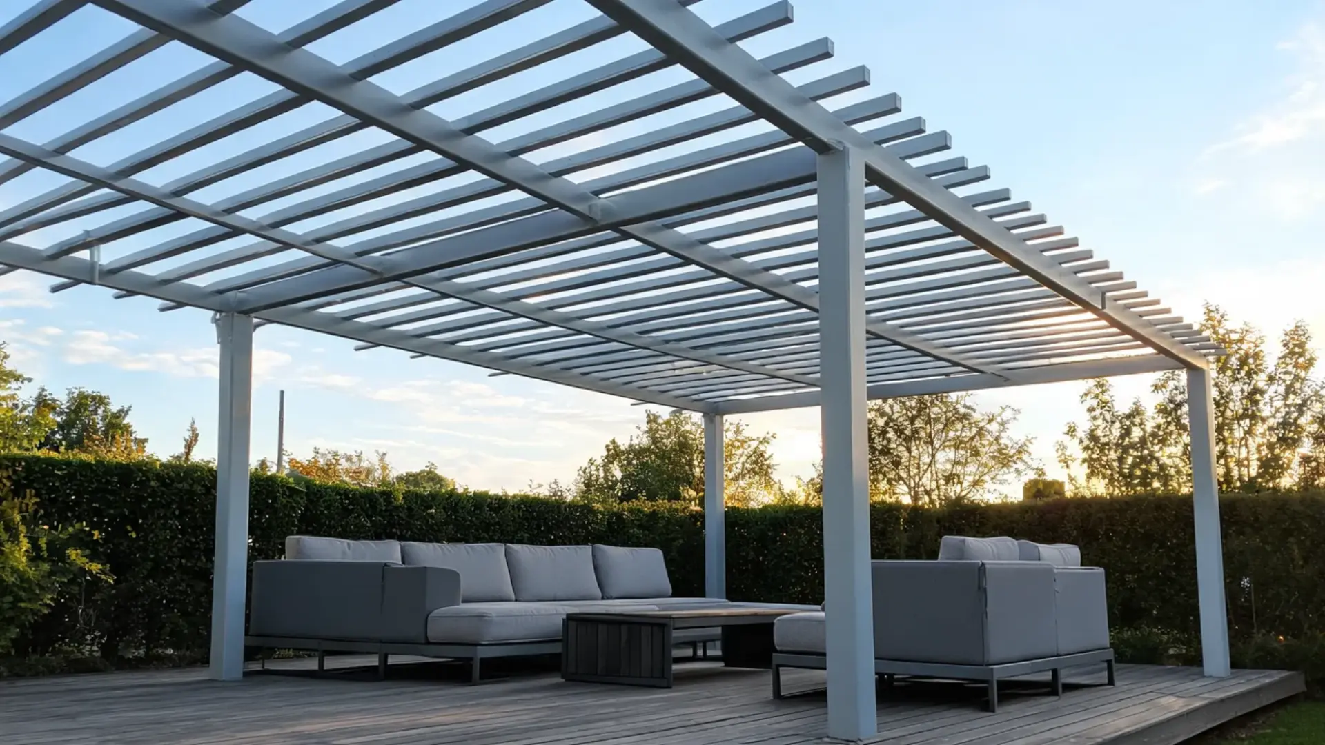 Modern white metal pergola with louvered slatted roof shading an outdoor patio sofa set.