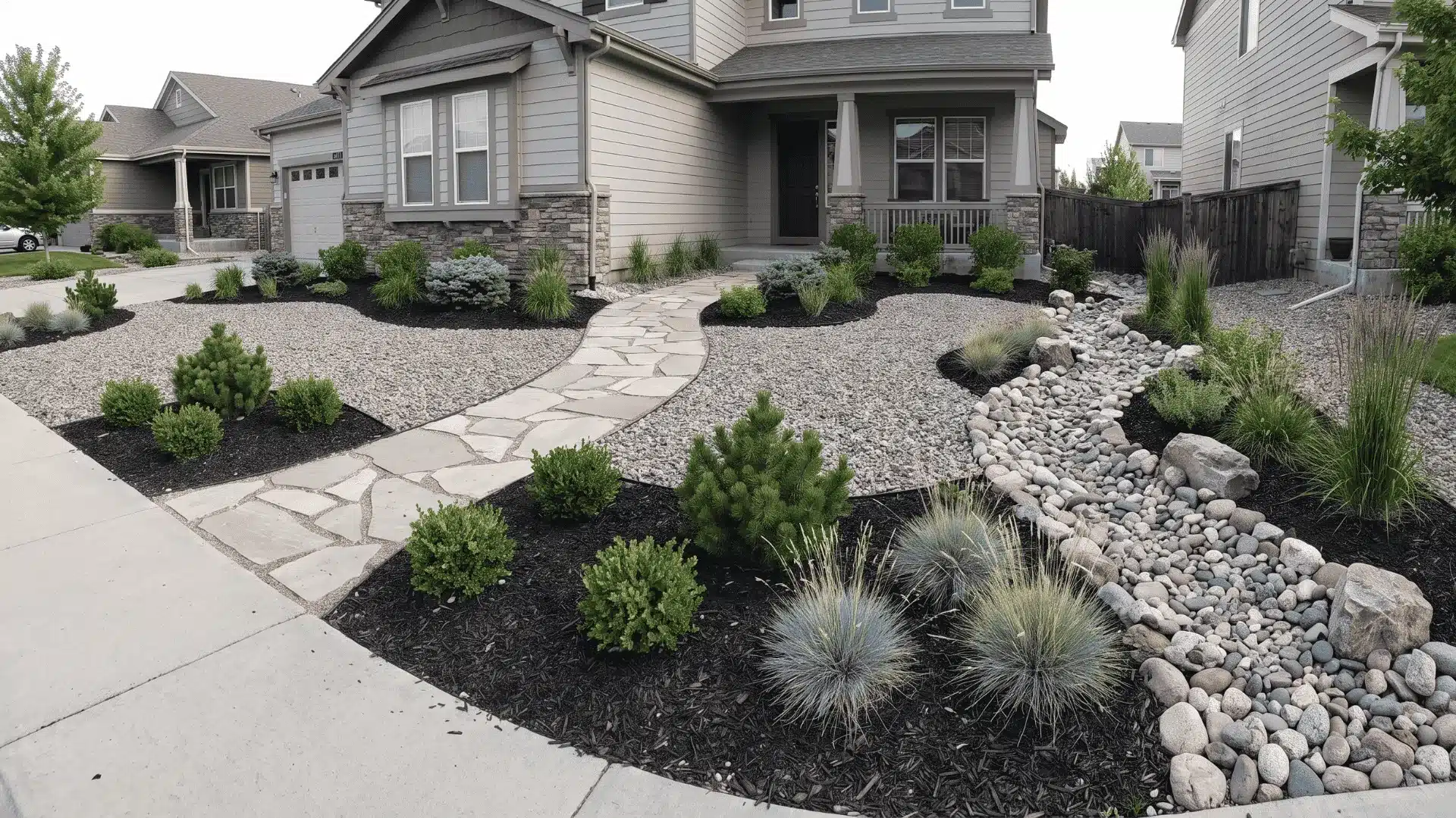 Low-maintenance front yard with gravel, stone walkway, shrubs, mulch beds, and ornamental grasses.