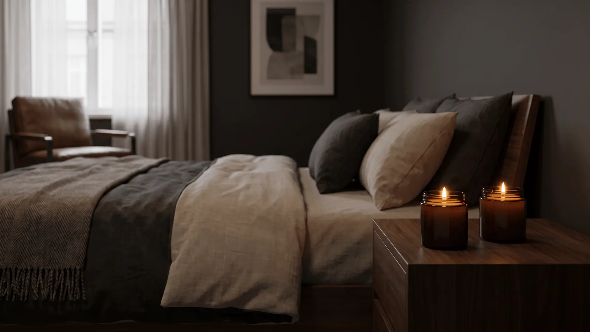 Dark glass candles on a wooden nightstand beside neutral bedding in a men’s room