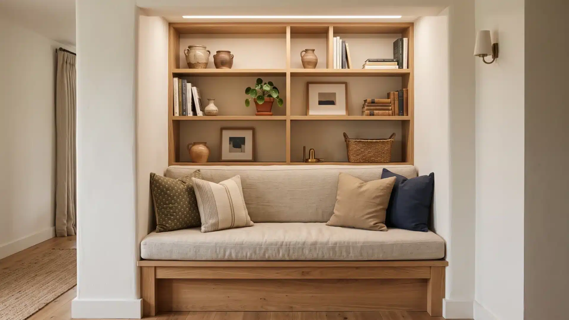 built-in bench with cushions and shelving fitted into a wall alcove