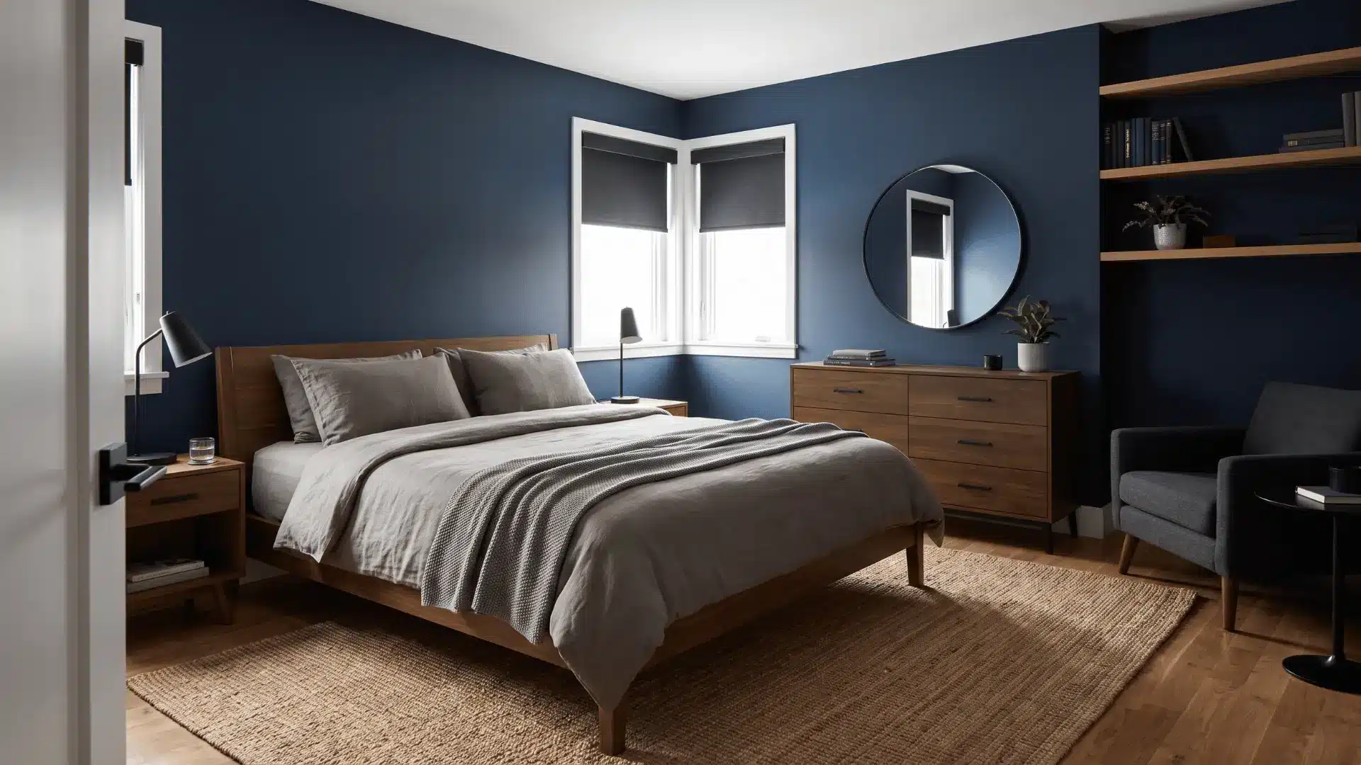 Men’s bedroom with navy walls, warm gray bedding, wood furniture, and black accents