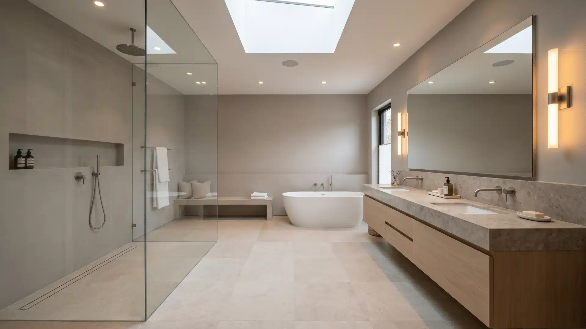 Modern master bathroom with glass shower, floating vanity, layered lighting, and neutral tones in a clean spacious layout