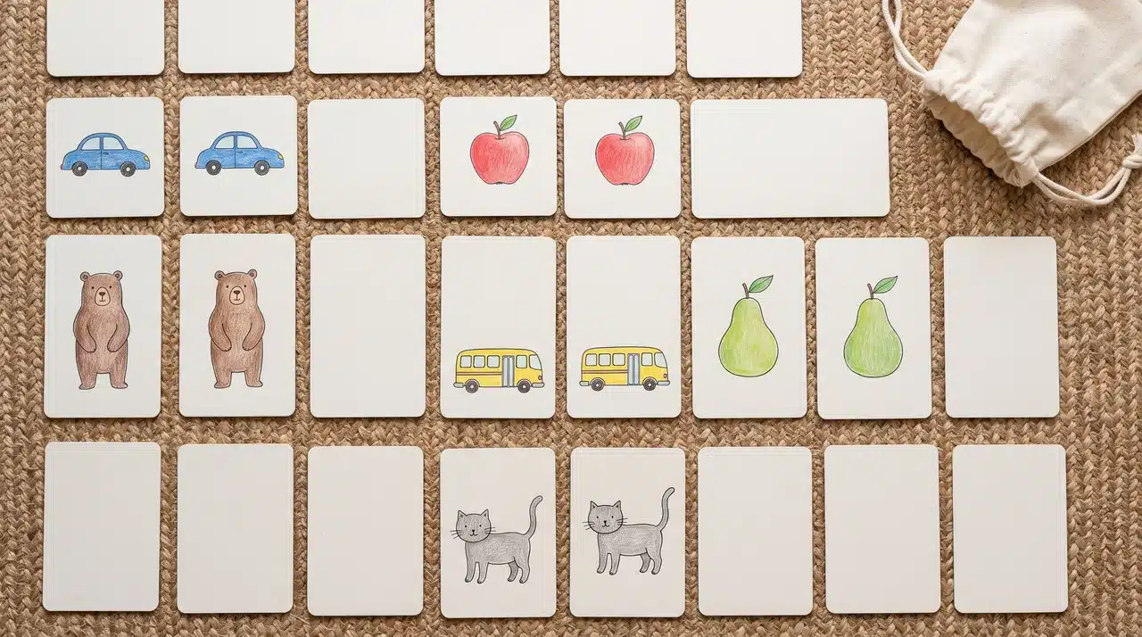 Matching cardstock memory cards with simple animal, vehicle, and food drawings arranged in pairs