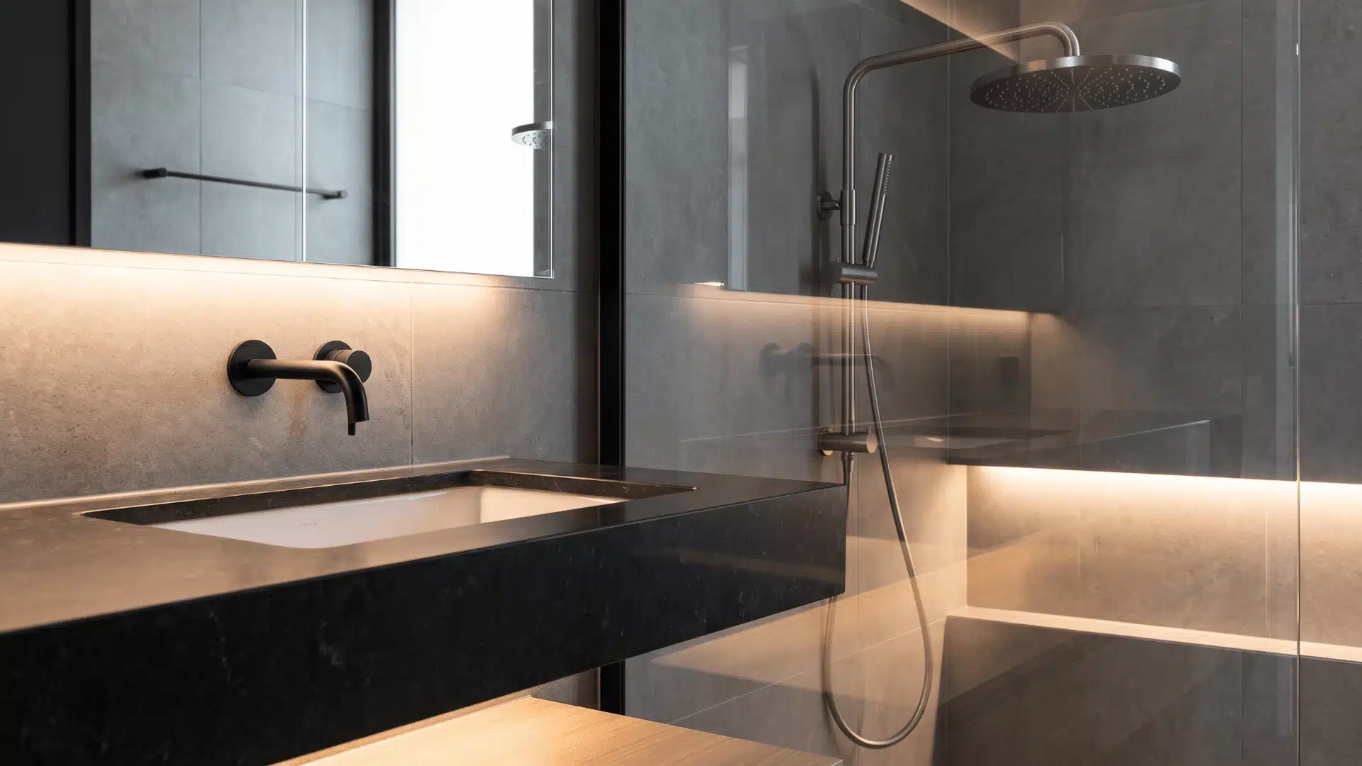 Modern bathroom interior with matte black wall-mounted faucet, stone sink vanity, and glass shower enclosure with warm LED lighting.