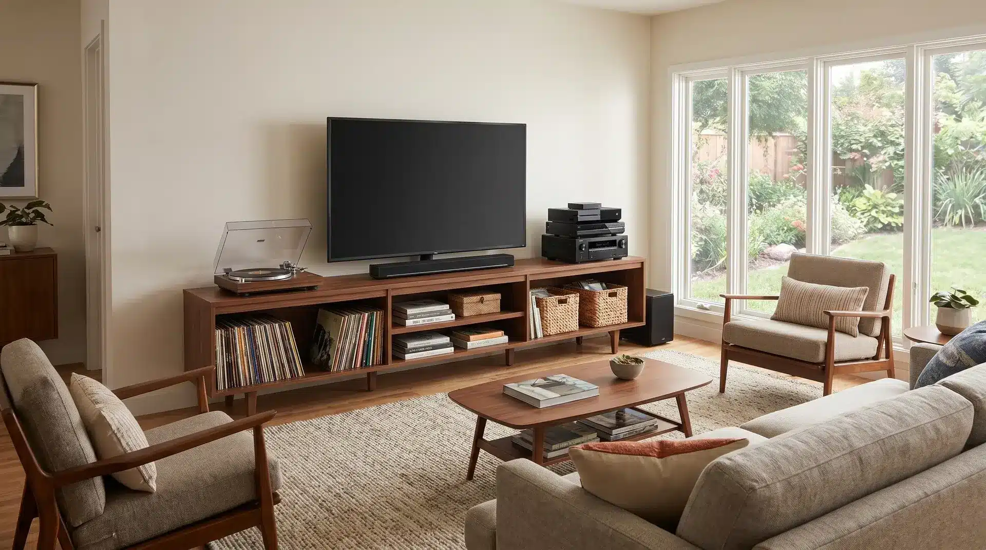 Media console positioned to anchor the room without blocking pathways, keeping devices and space organized.