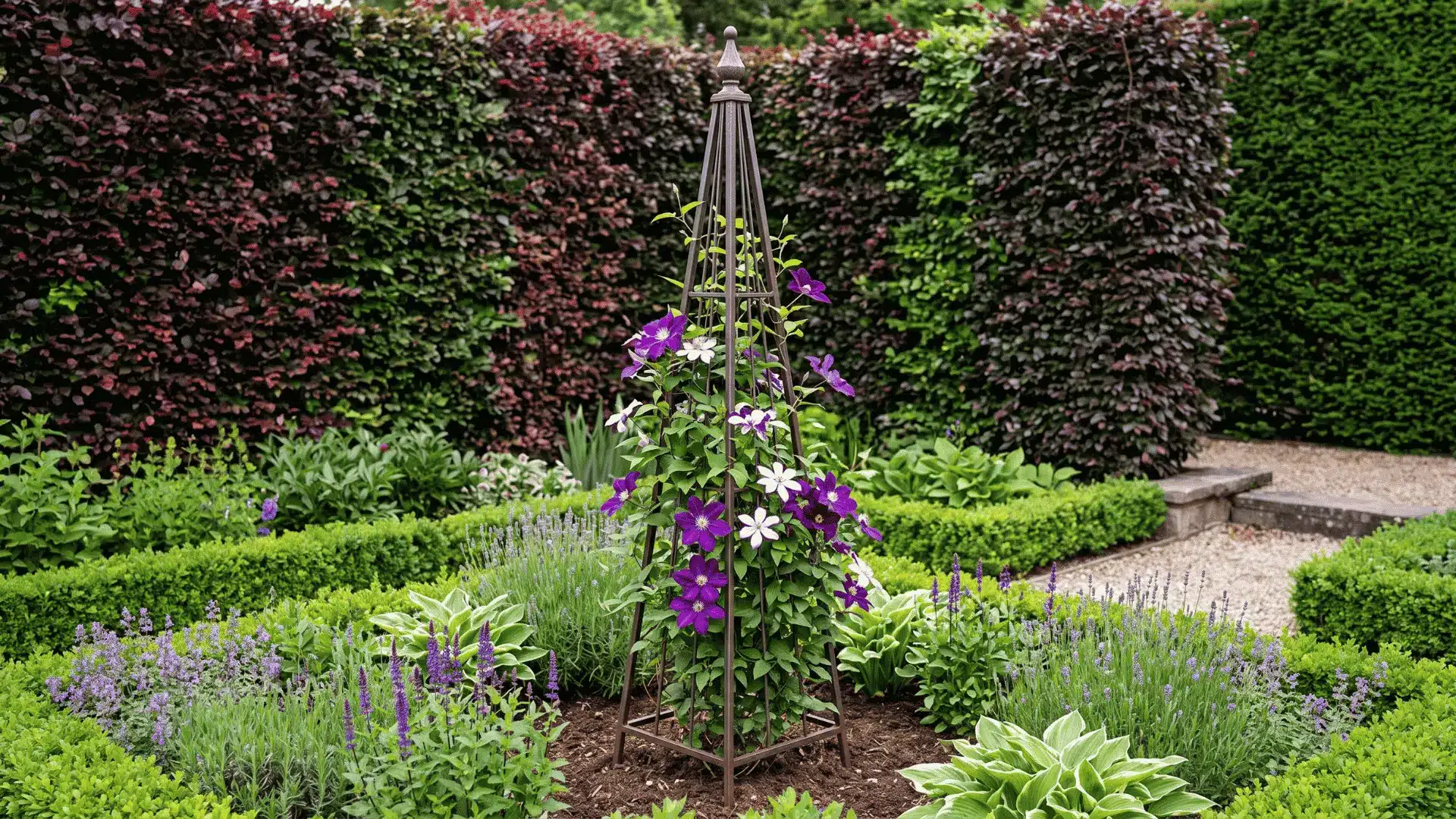 Tapered metal obelisk supporting clematis in a neatly arranged garden bed.