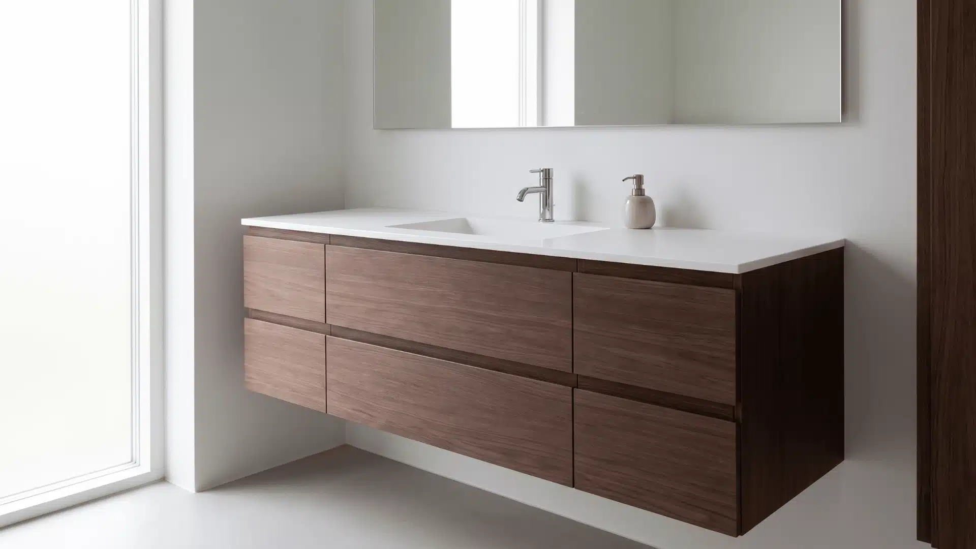 Handleless bathroom vanity with clean minimal surface design