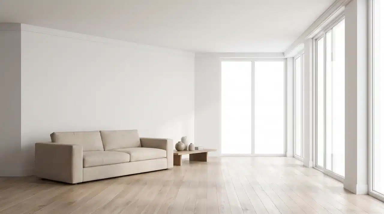 Minimalist living room with 8-foot ceilings and a simple square-edged white crown molding profile against plain white walls.