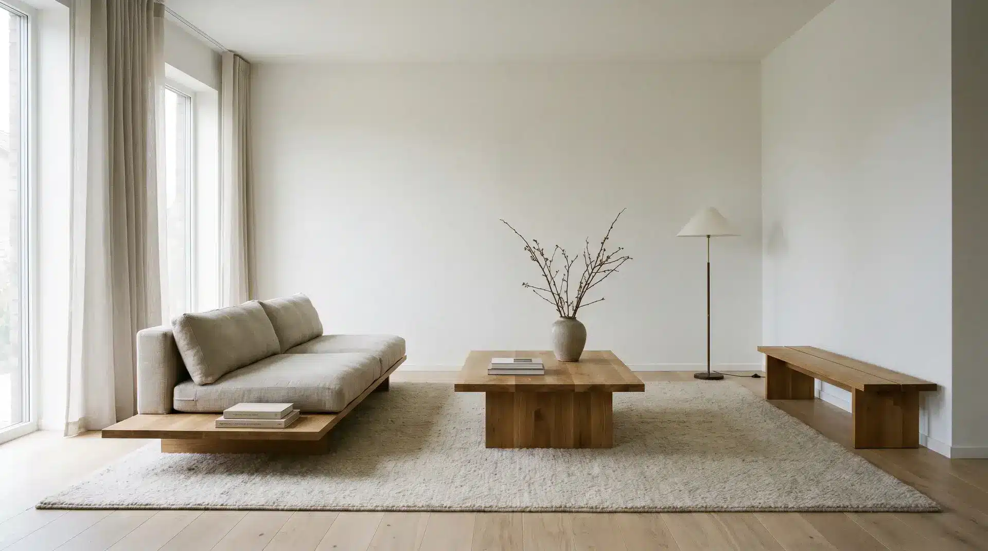 Minimalist living room with low-profile furniture and open floor space for airy, uncluttered feel.