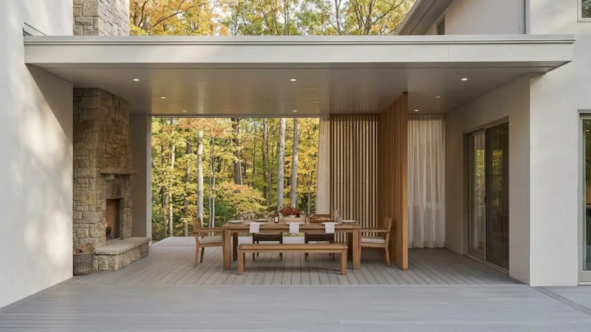Minimalist modern house featuring an attached flat-roof covered patio with an outdoor fireplace.