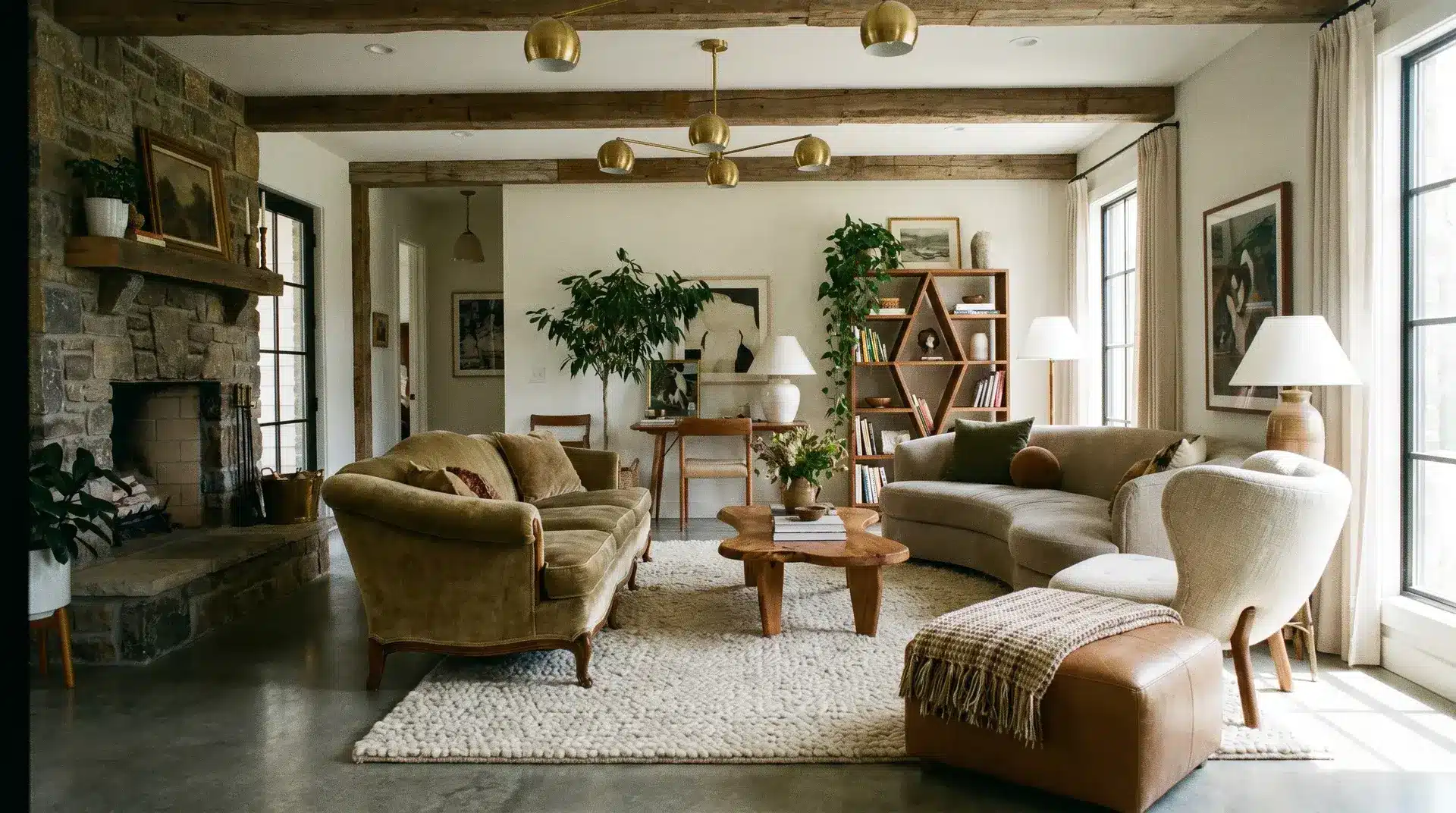 Combination of different textures and furniture shapes in a living room to create visual depth.