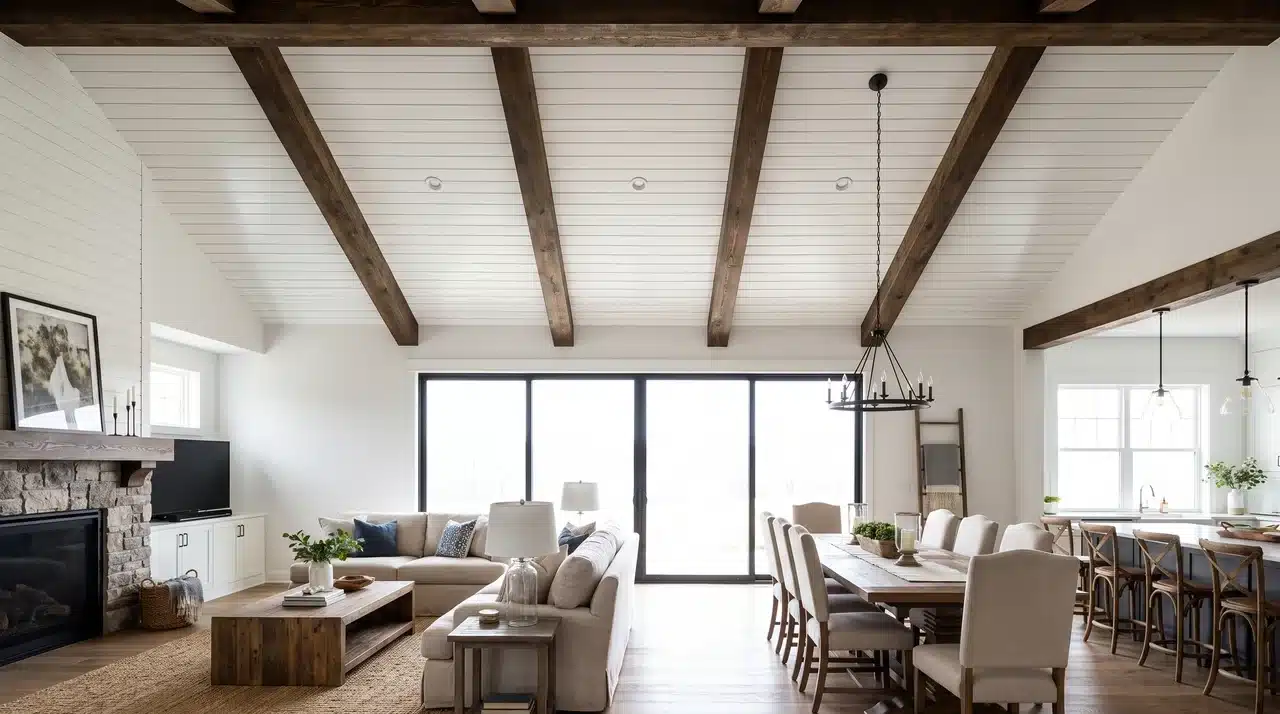 Modern farmhouse vaulted ceiling with dark stained beams and white horizontal shiplap installed between bays in bright natural daylight.
