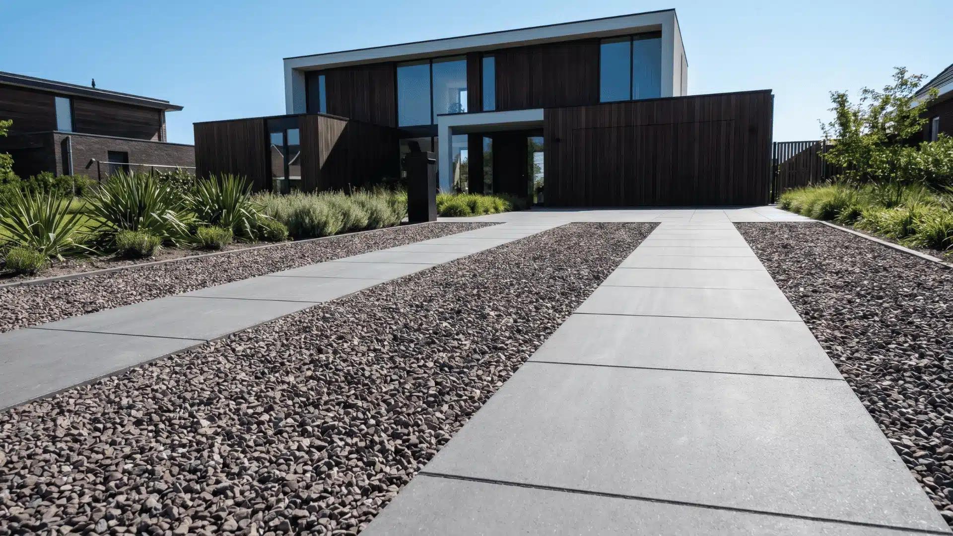 Mixed driveway with concrete strips and gravel center for durability and grip.