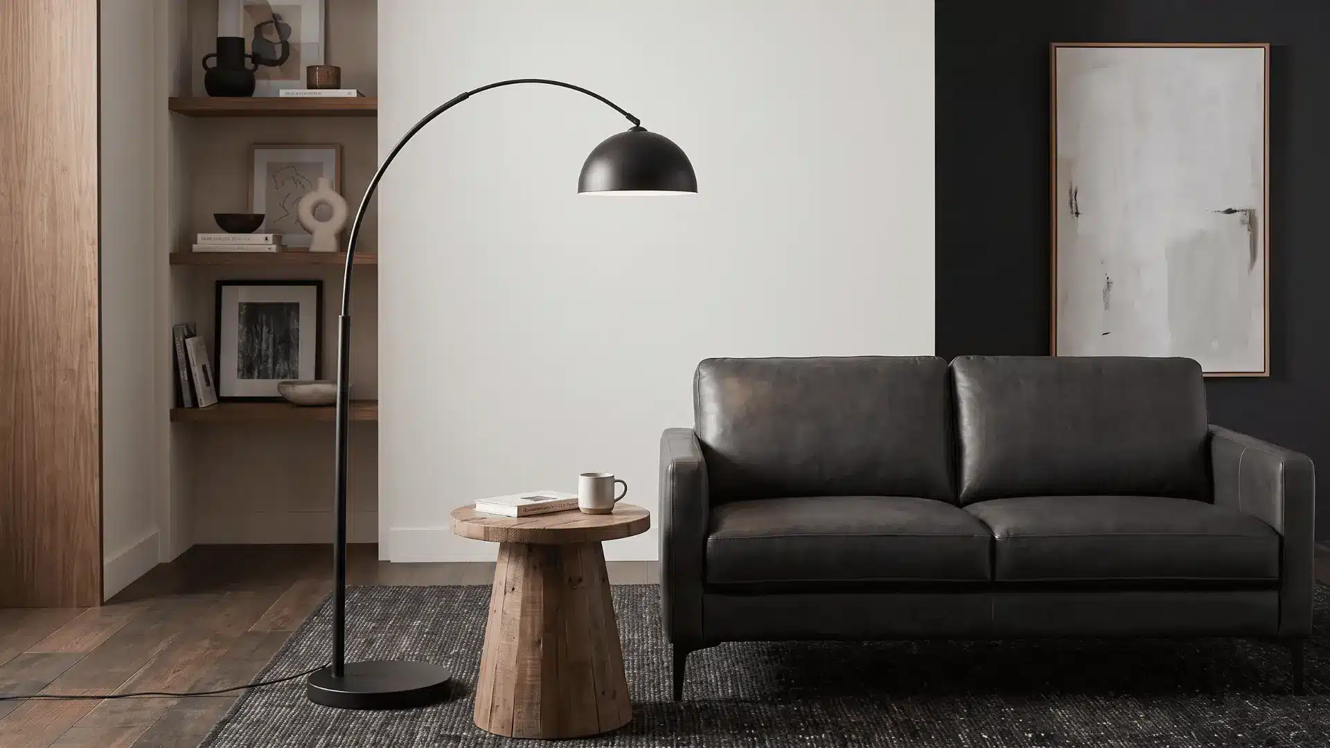 Modern living room with a black leather sofa, arched floor lamp, wood side table, and built-in shelves.