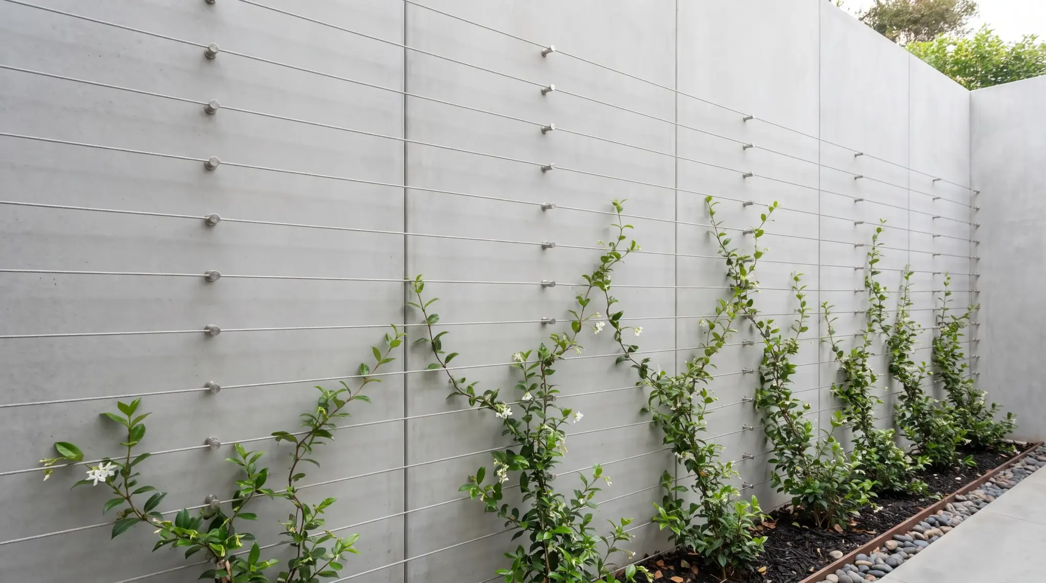 Stainless-steel cable trellis supporting young jasmine vines on a modern exterior wall.