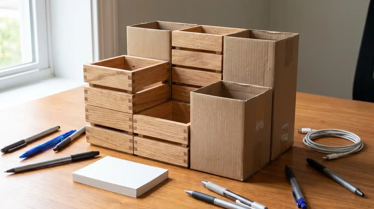 Desk organizer made from small boxes with compartments for pens, notes, and a charging cable