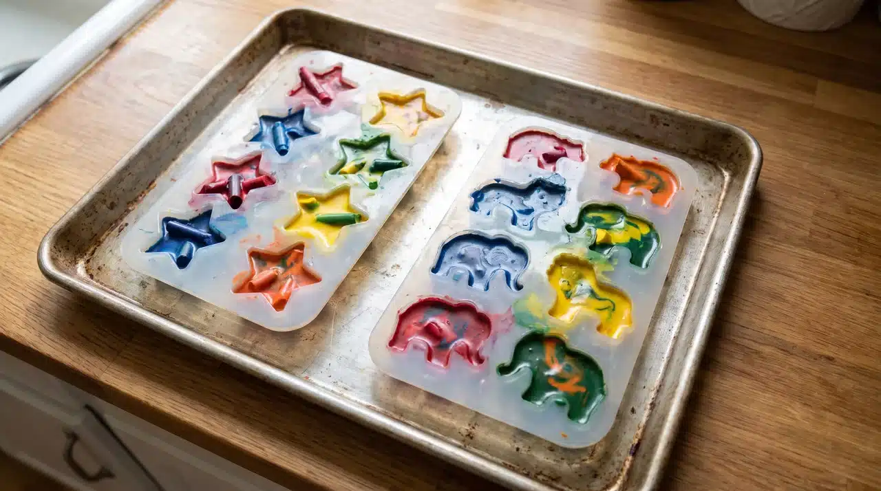 Broken crayons melting inside star and animal silicone molds on a baking tray