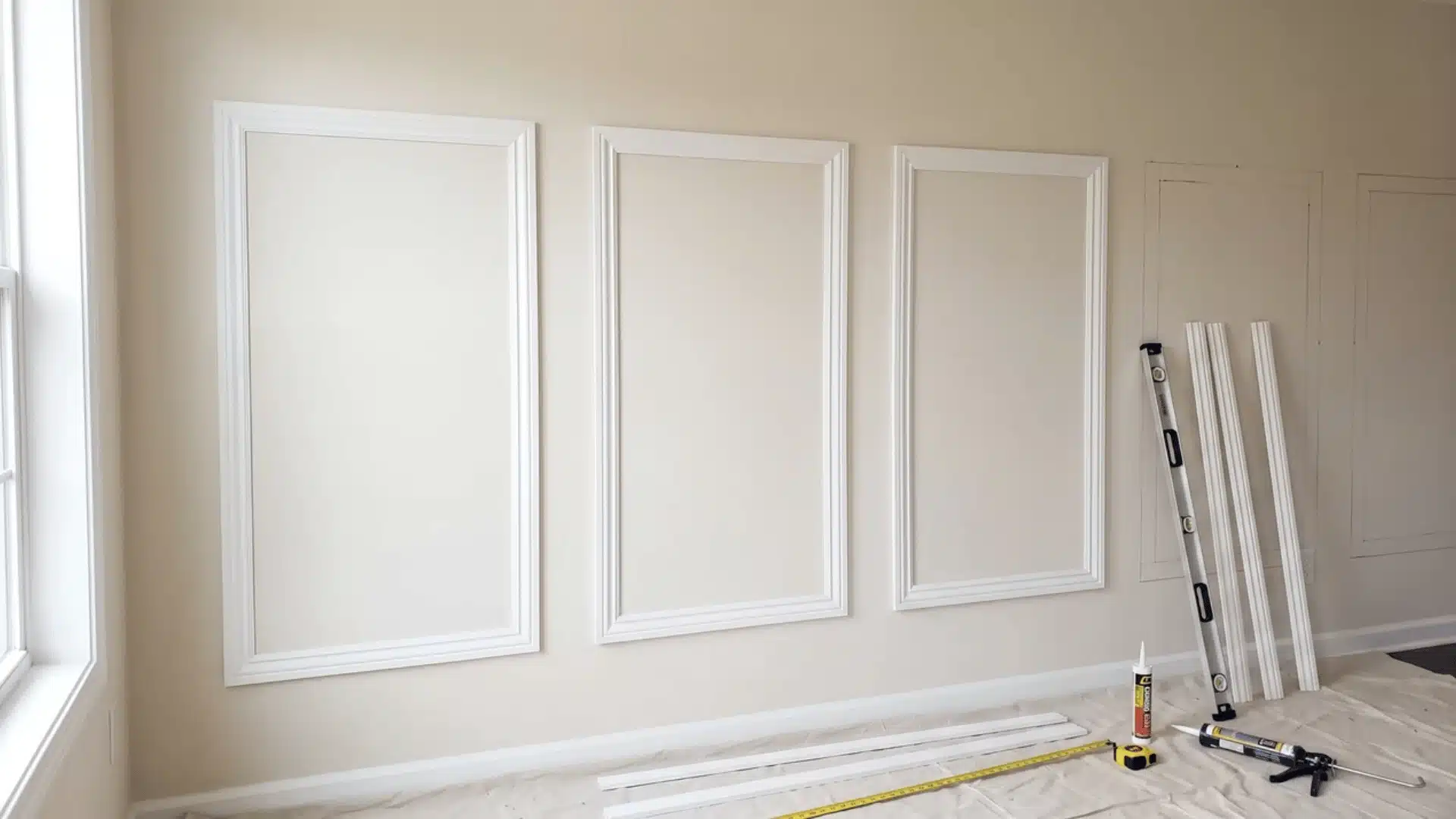 Picture frame molding partly installed on a wall with level, measuring tape, adhesive, caulk, and cut molding pieces