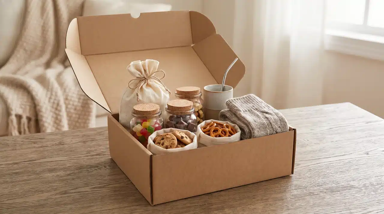 Movie night box with popcorn, candy, homemade snacks, reusable cup, and folded socks