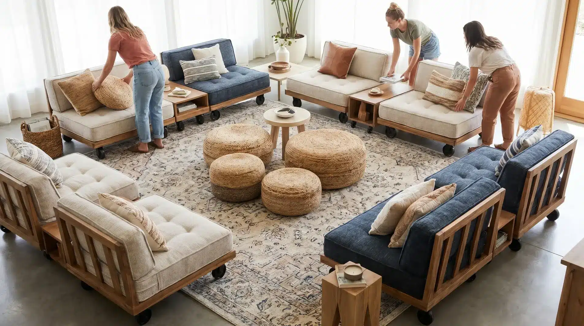 Flexible seating layout using small sofas, poufs, and benches for multi-purpose living room use.