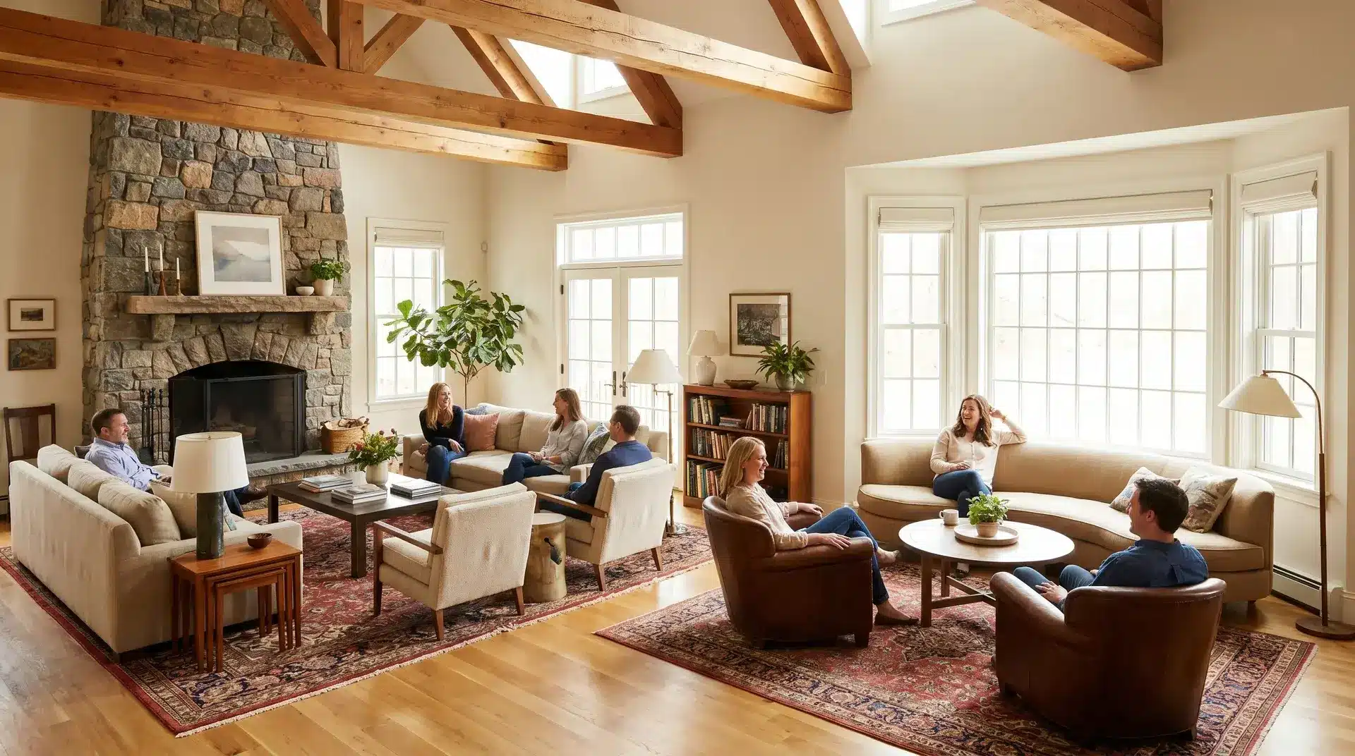 Large living room with multiple seating zones for different social interactions and comfort.