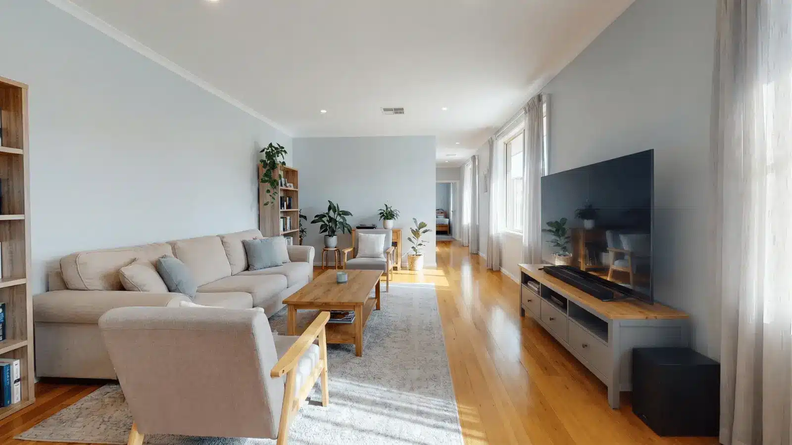Narrow living room with open walking space on one side and furniture arranged along the walls