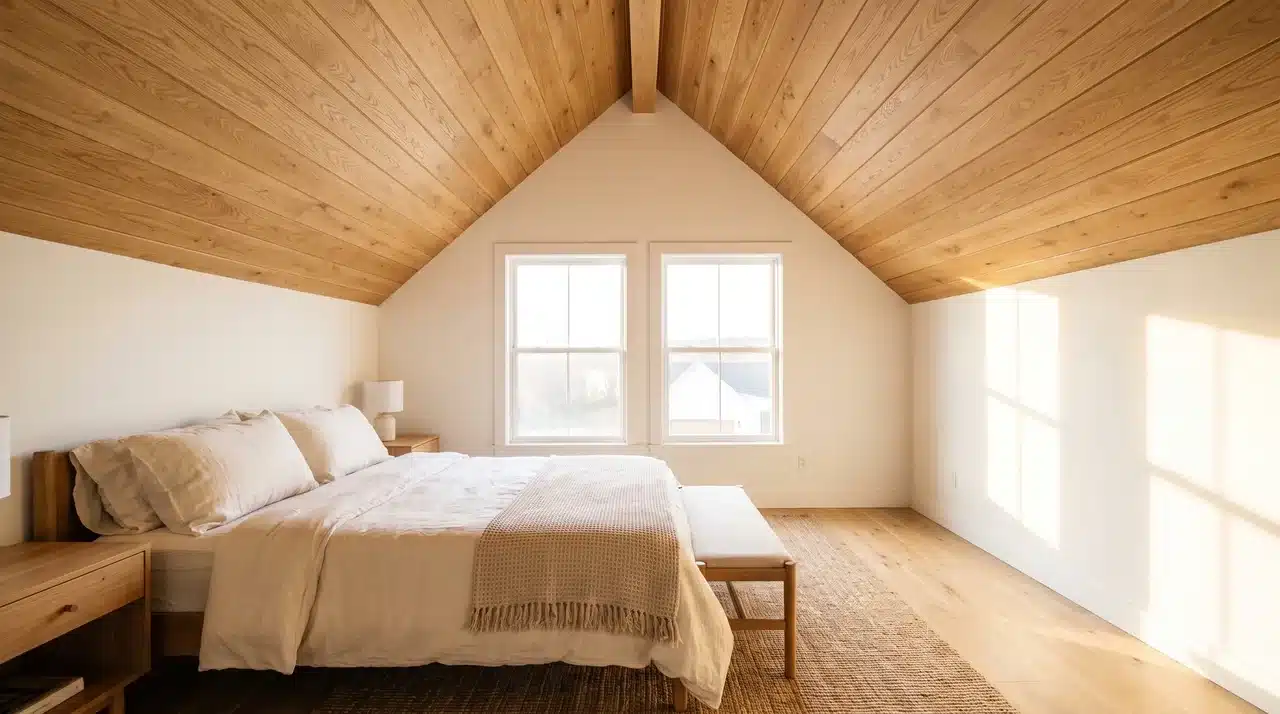 Modern farmhouse vaulted ceiling bedroom with natural white oak tongue and groove timber ceiling in horizontal grain in bright natural daylight.