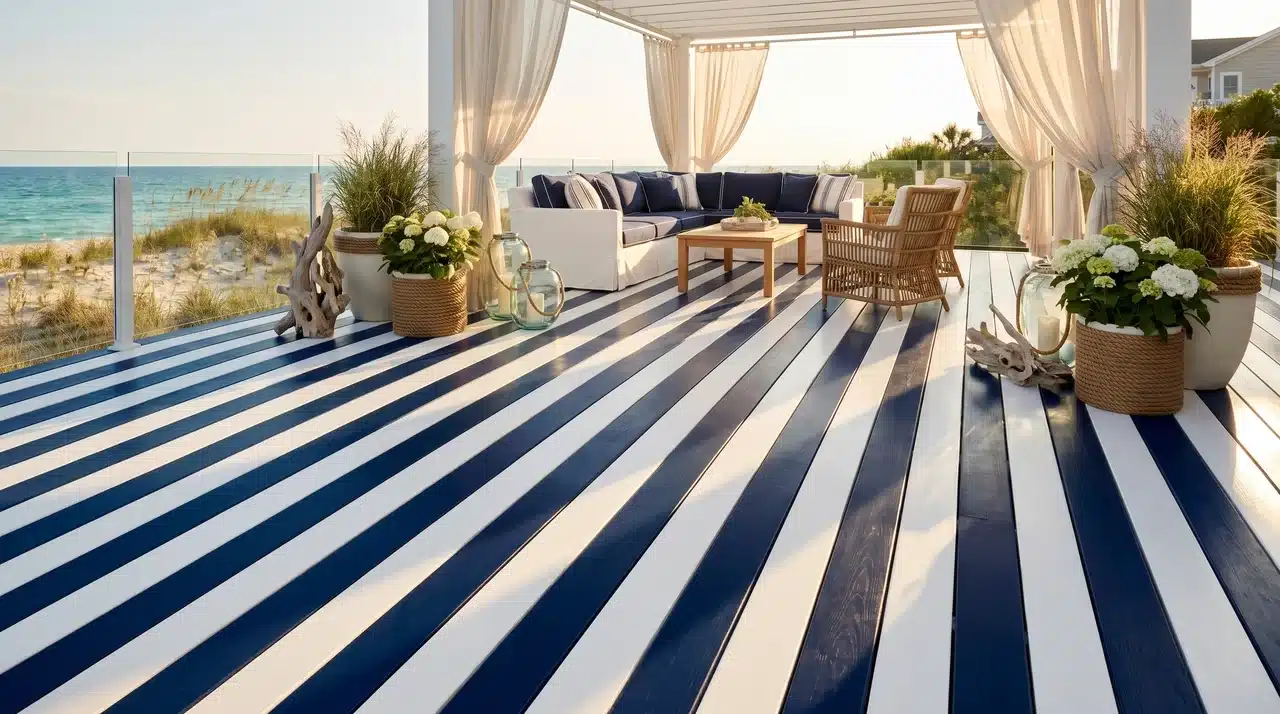 Coastal deck with navy and white striped flooring, rope planters, driftwood accents, glass railing, and elegant seaside styling.