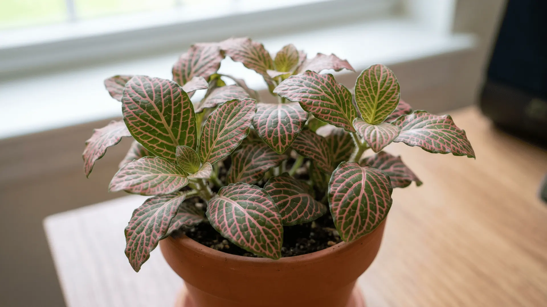 Nerve plant with colorful leaf veins on a desk.