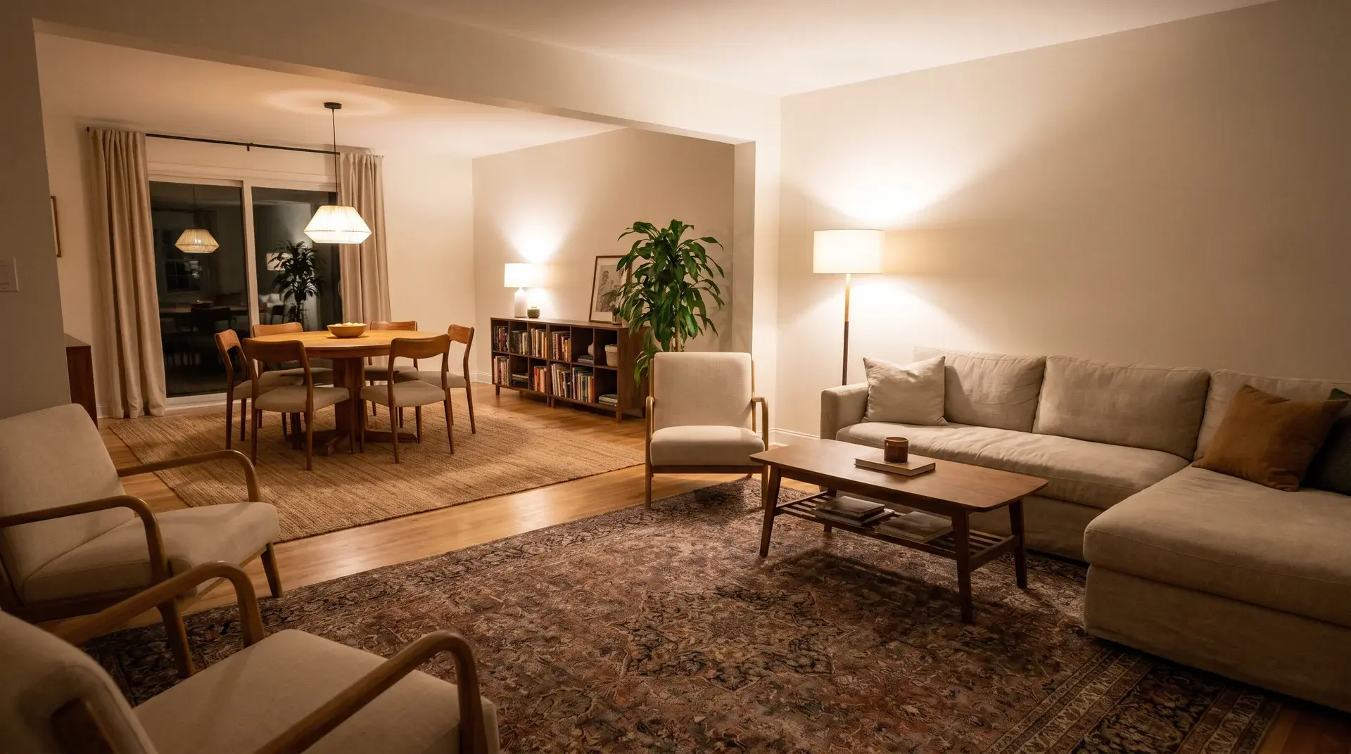 Open-plan living room with distinct zones created by rugs, lighting, and furniture arrangements.