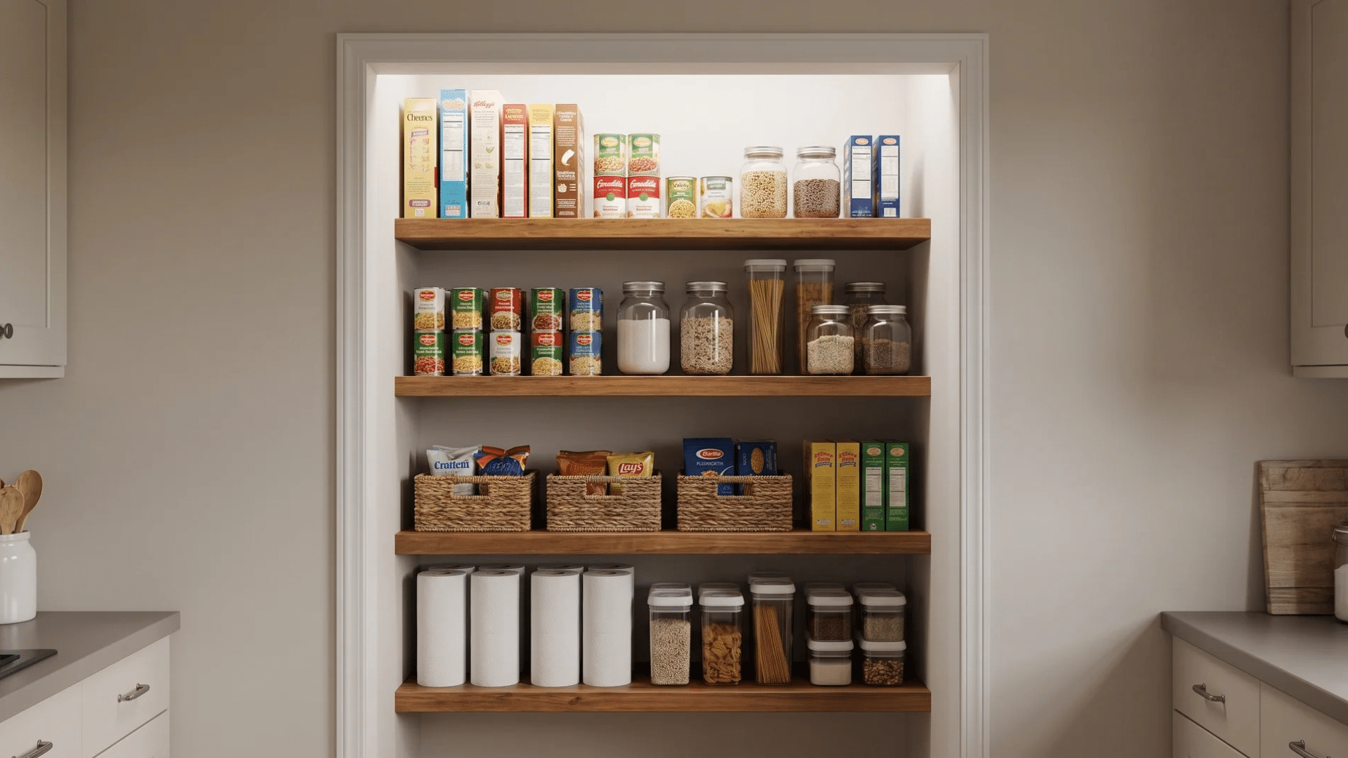 Small open pantry with wooden shelves and no door, holding cereal boxes, jars, cans, baskets, and pantry containers
