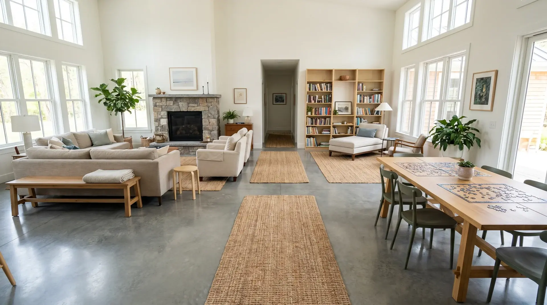Living room showing open pathways between zones, making movement smooth and comfortable.