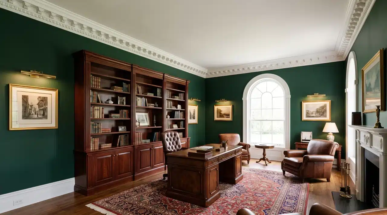 Victorian study with ornate dentil crown molding and egg and dart detail painted white against deep forest green walls.