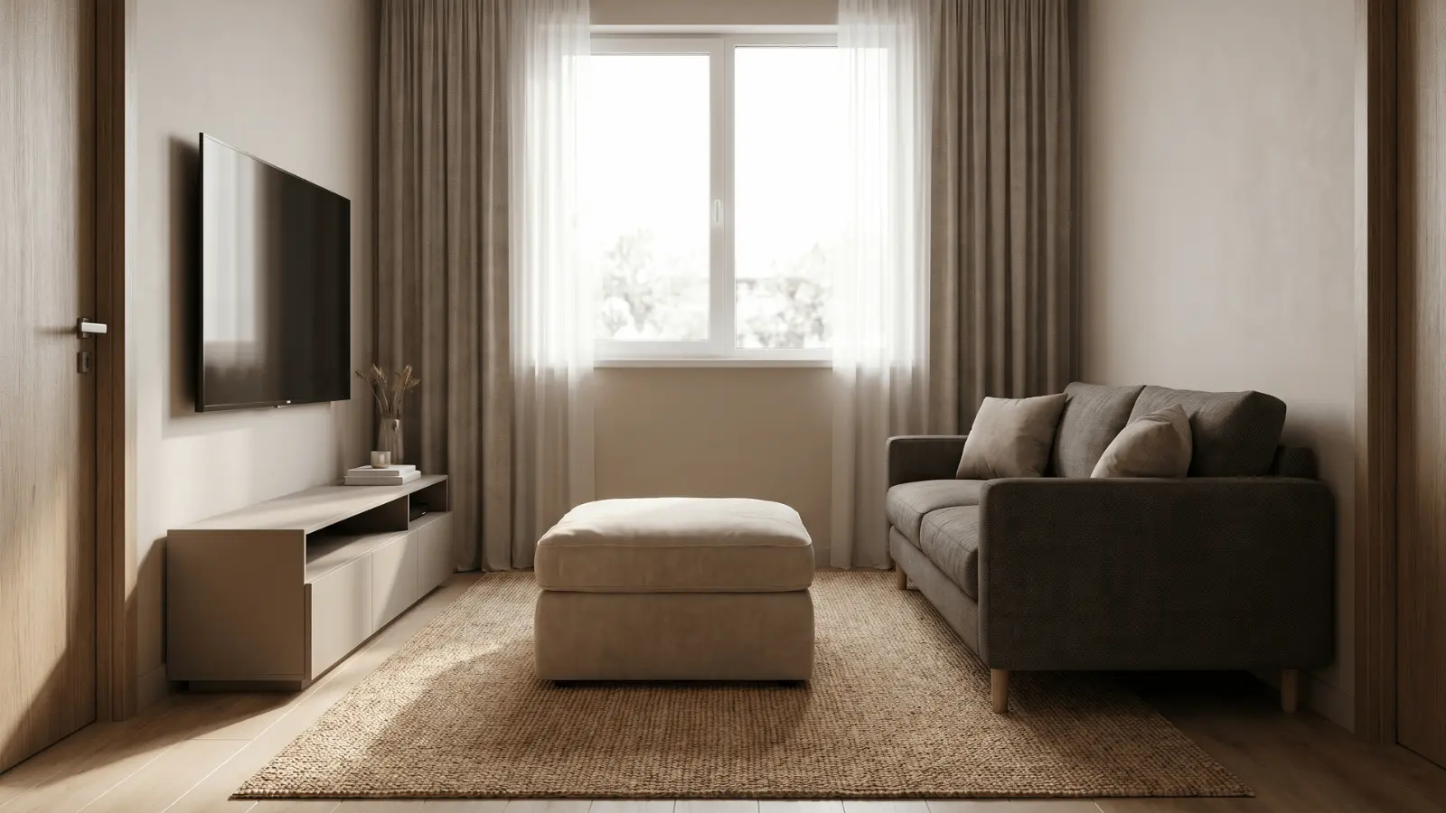 Small living room with an ottoman placed in front of a sofa instead of a coffee table