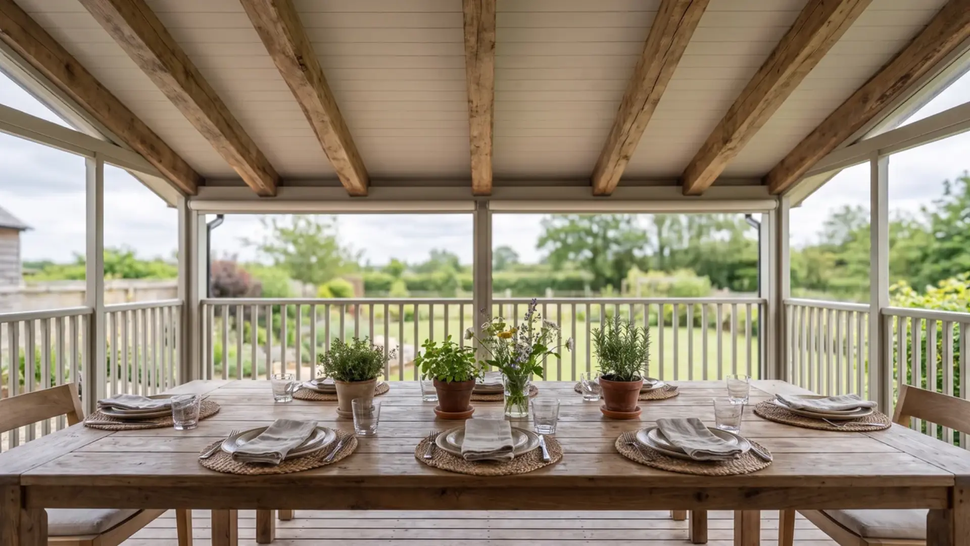 Covered patio dining space featuring an exposed-beam ceiling and a set wooden dining table looking over a garden.