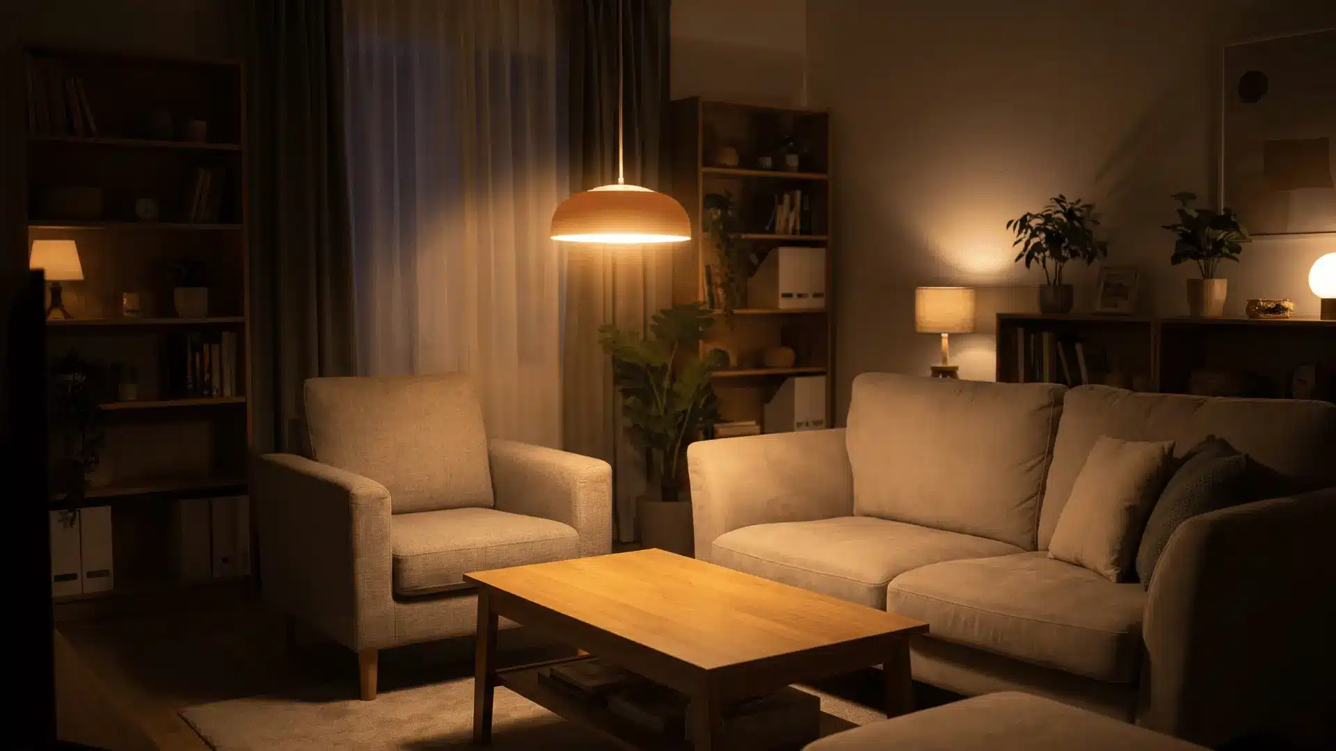 Pendant light creating defined seating zone in open living room.