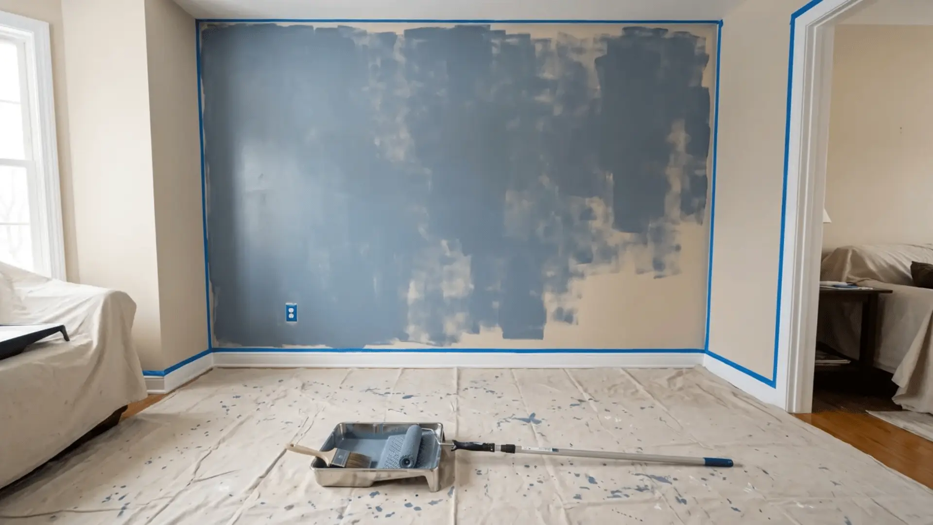 Accent wall partly painted with taped edges, roller, brush, paint tray, and drop cloth