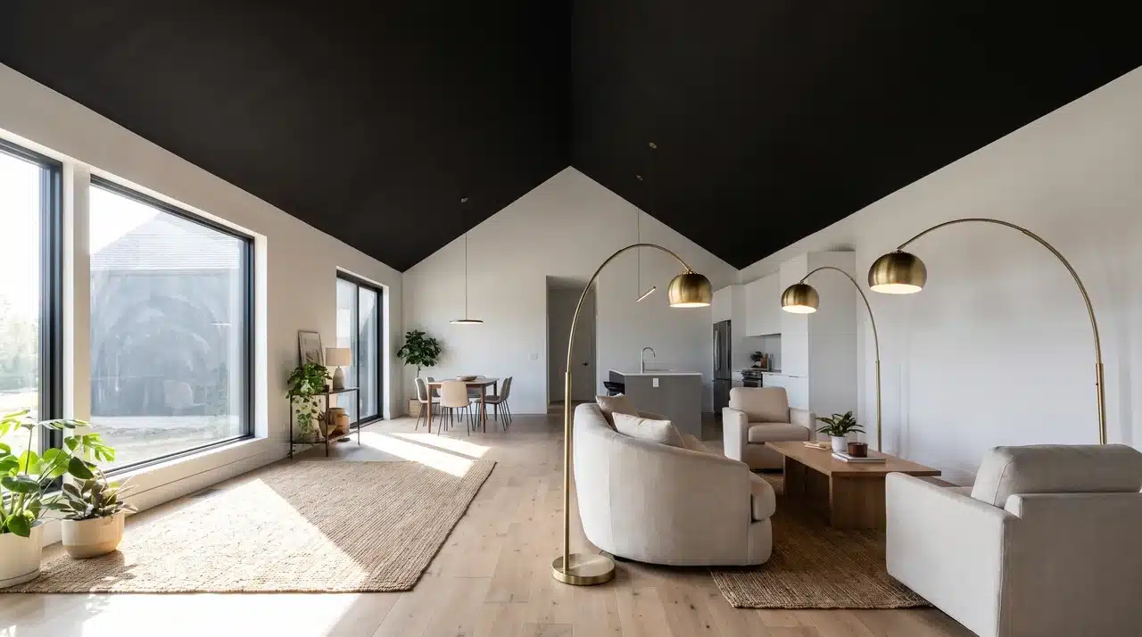 Modern vaulted ceiling living room with deep charcoal ceiling contrasting white walls to visually lower height in bright natural daylight.