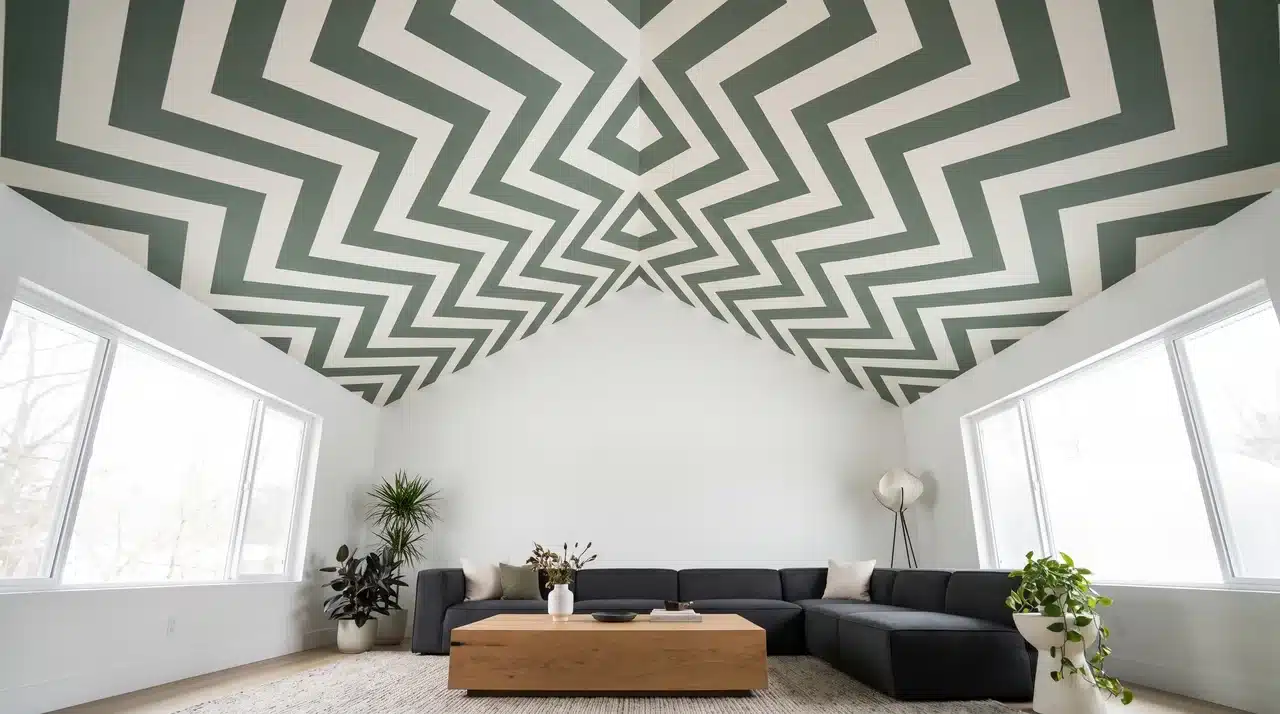 Vaulted ceiling with a painted two-tone chevron geometric pattern following the pitch angle, alternating white and sage green stripes, minimal contemporary living room.