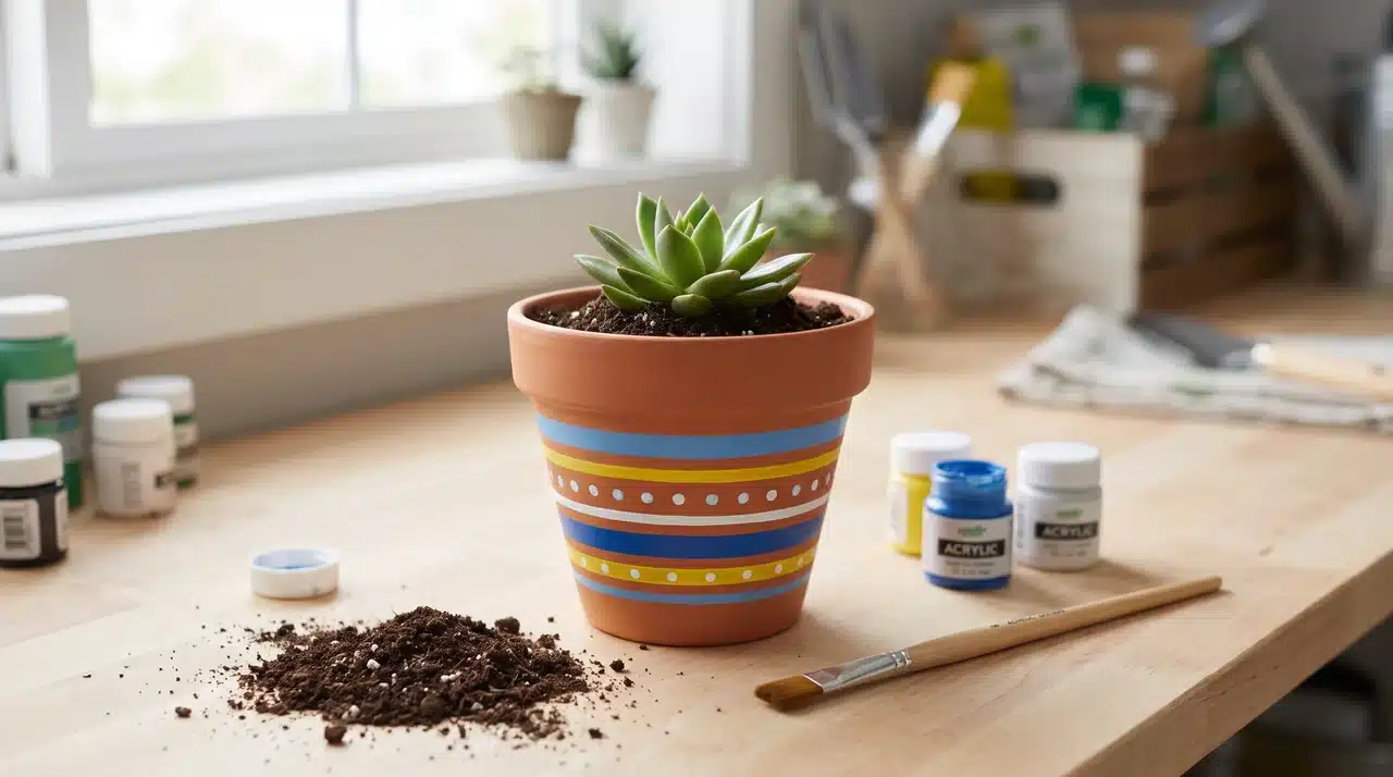 Terracotta pot partly painted with stripes and dots beside a small succulent and soil