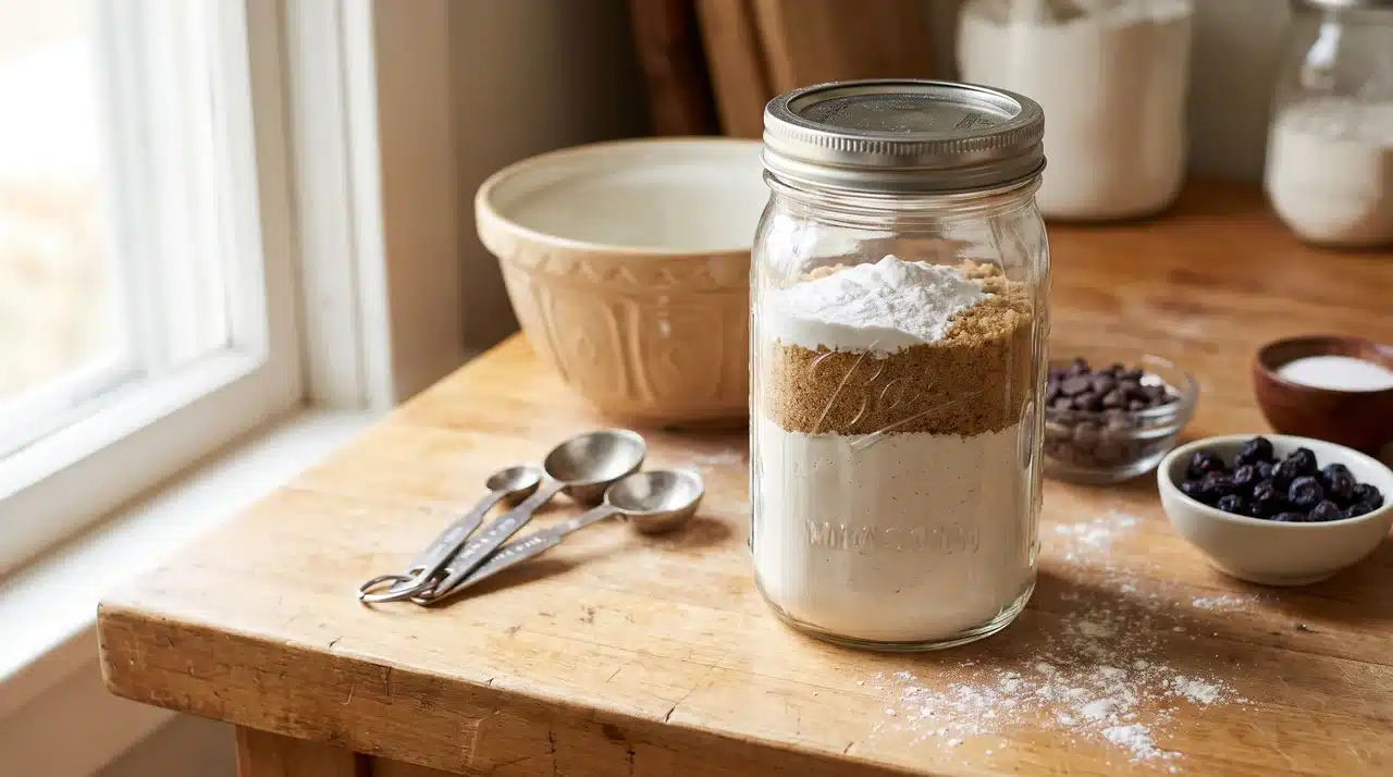 Glass jar layered with pancake ingredients beside measuring spoons and dry toppings