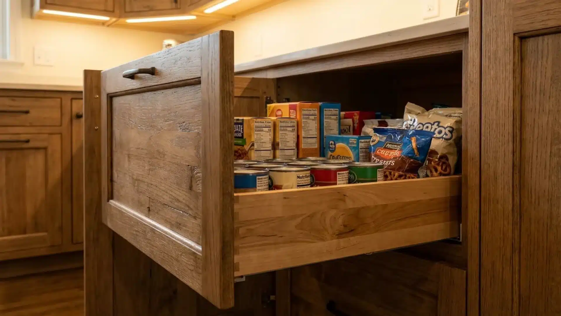 Pull out wooden pantry drawer extended fully and filled with canned goods and snacks
