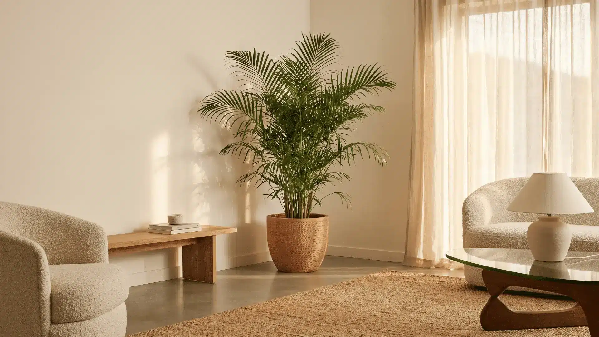 Parlor palm growing in a bright indoor corner.