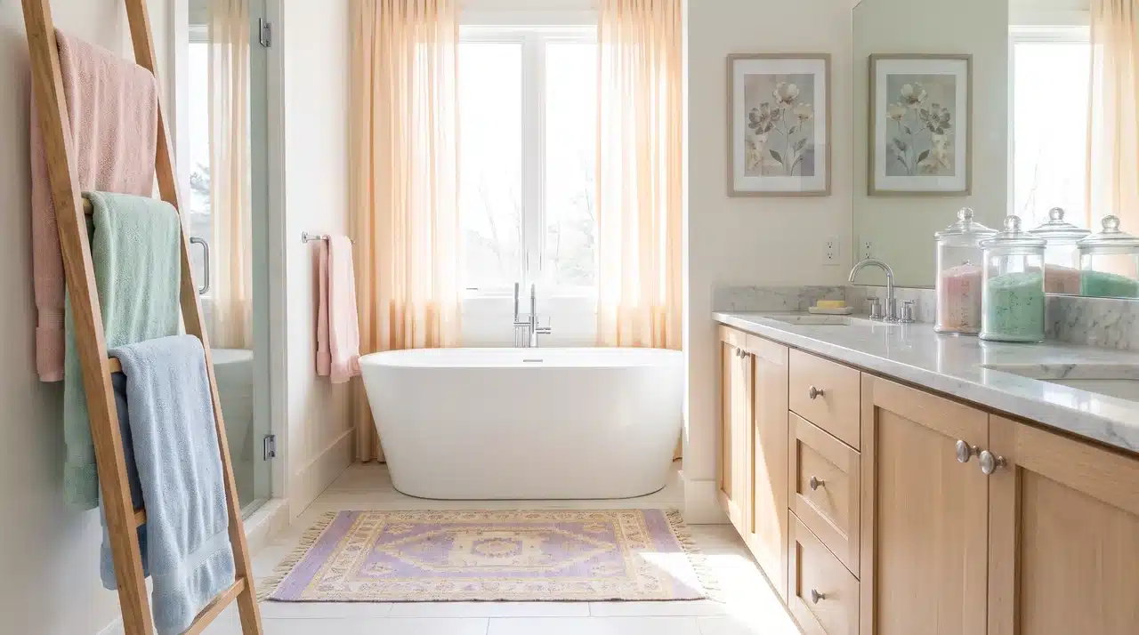 Bathroom with soft pastel accent tiles in niche area