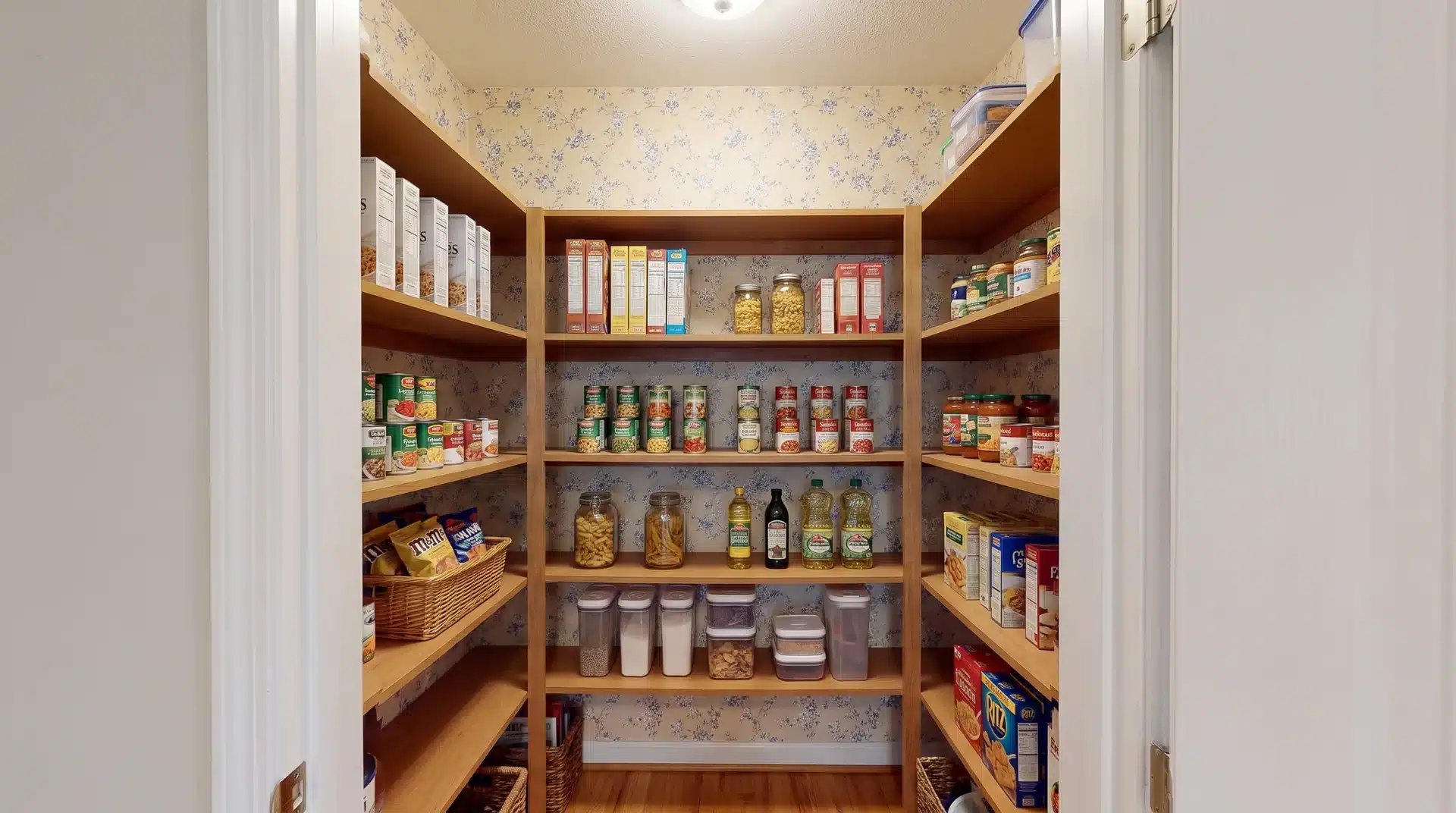 Small pantry with patterned wallpaper behind wooden shelves holding jars, cans, cereal boxes, baskets, and pantry containers