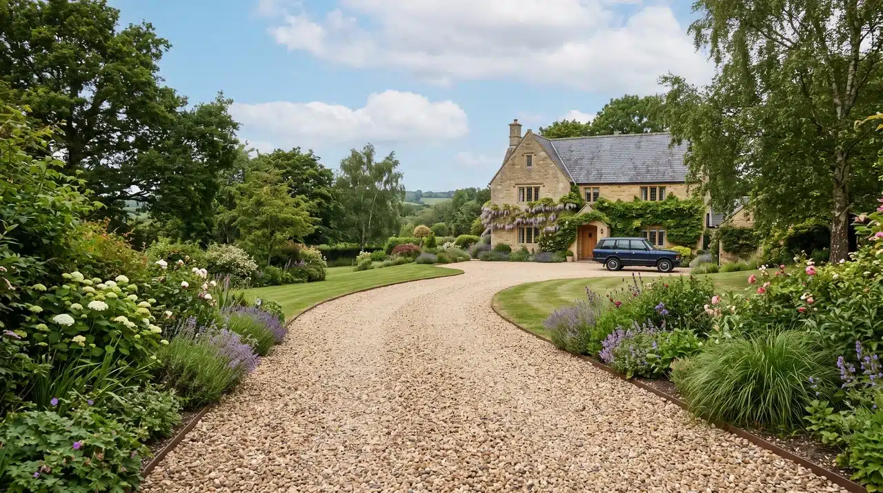 Pea gravel driveway leading to a stone cottage with lush gardens, trees, and countryside views.