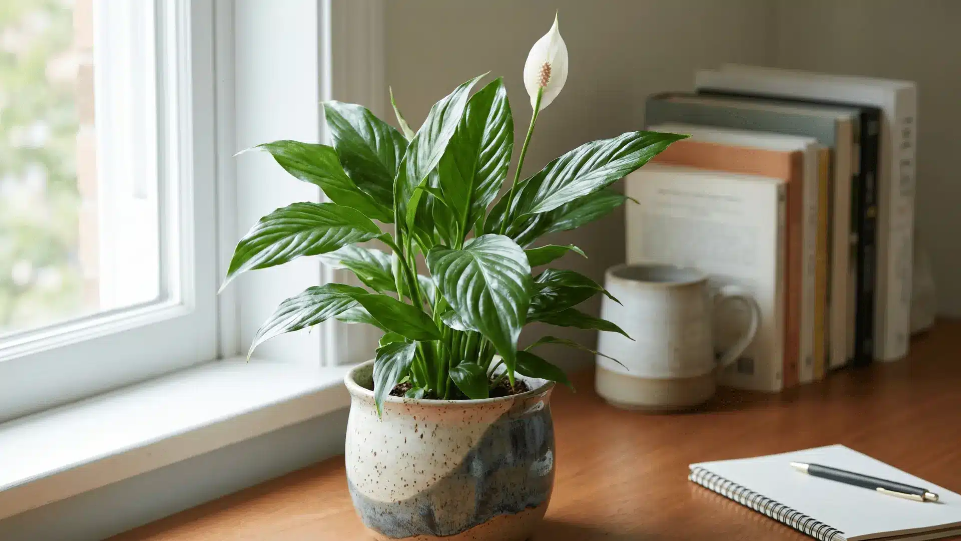Peace lily with white bloom on indoor desk.