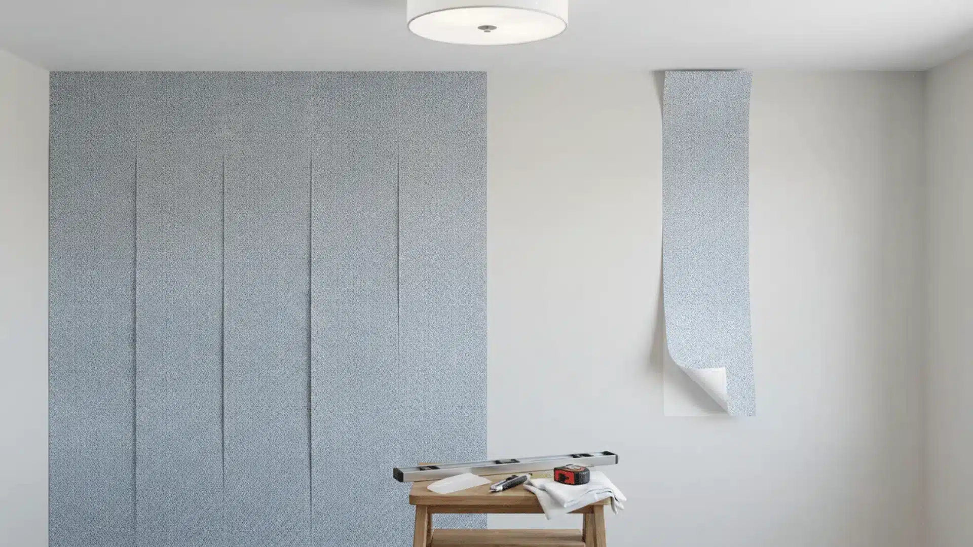 Peel-and-stick wallpaper partly installed beside a level, smoothing tool, utility knife, and measuring tape